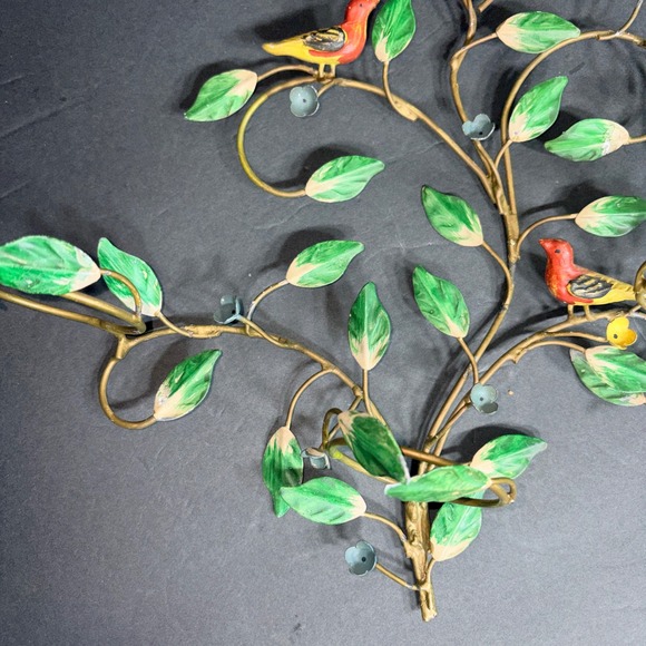 Vtg Toleware Birds on Branch Wall Art Candle Holders Red Songbirds Green Leaves - Picture 5 of 16